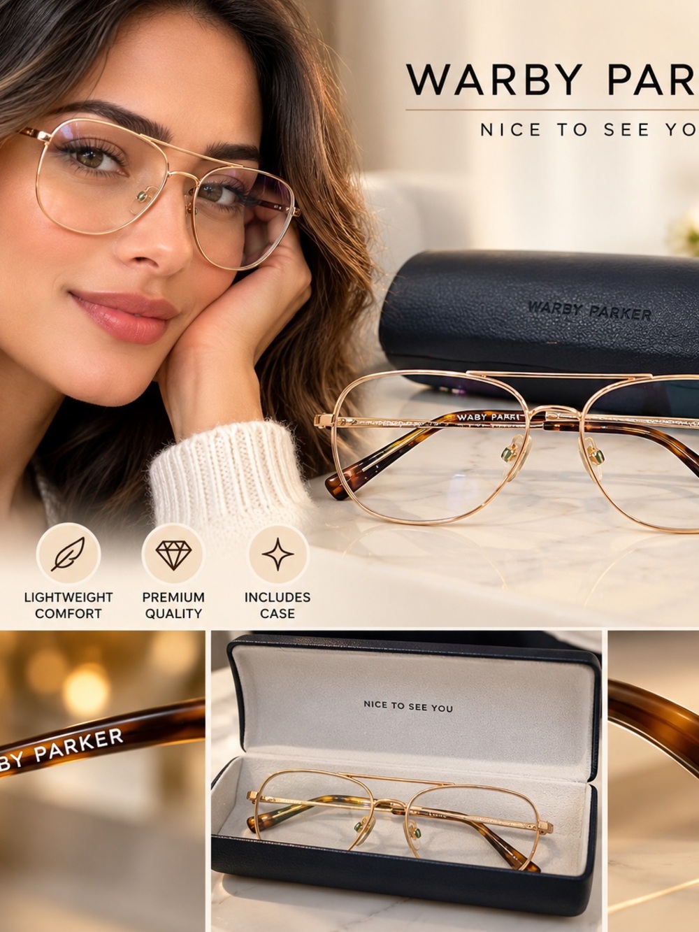 Warby Parker Gold Metal Eyeglasses – Chic Aviator Style